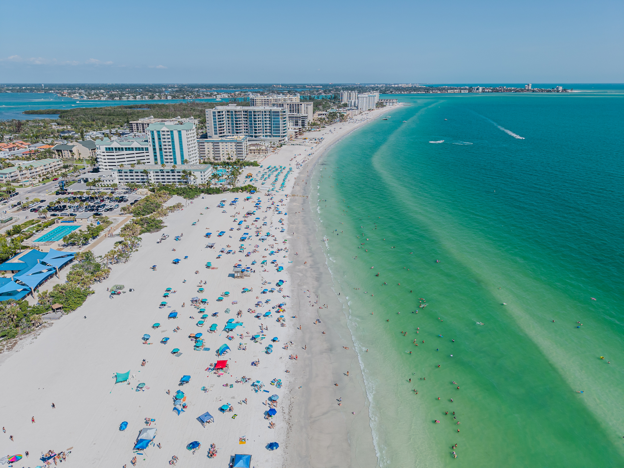 Aerial view of Sarasota beach with turquoise waters and white sand
